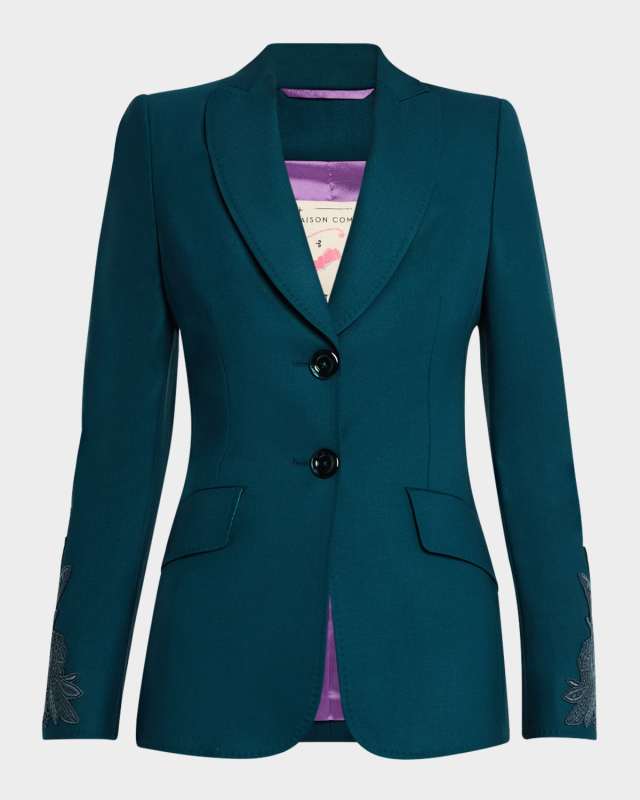 Embroidered Sleeve Single-Breasted Wool-Blend Blazer
